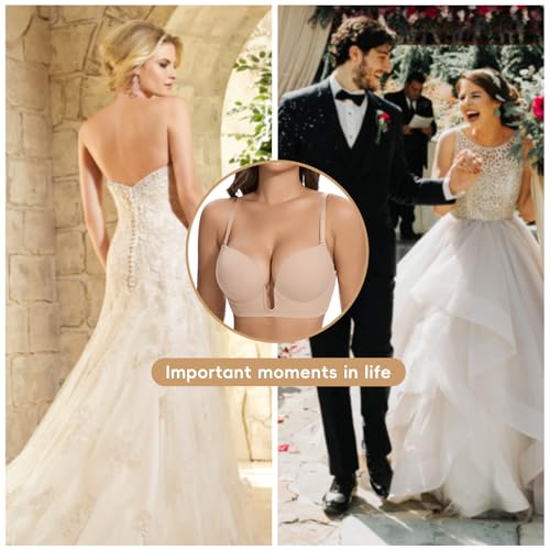 JOYSHAPER Plunge Bras for Women Backless Push Up Bras Low Cut Padded Bras Shaper Convertible with Clear Straps Dress Bra4