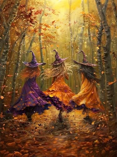 mrpwnle Diamond Art Kits for Adults Halloween Diamond Painting Kits | Fall Forest Witch Diamond Art Painting Kits for Adults Beginners, 5D Round Full Drill Gem Art Kits, Home Wall Decor 12x16inch