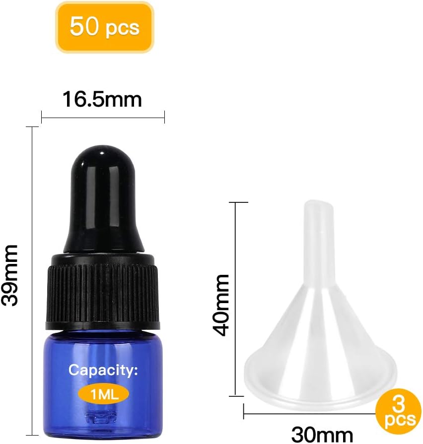 50 pack 1 ml 1/4 Dram Mini Blue Glass Sample Bottles with Glass droppers for Essential Oils,Chemistry Lab Chemicals,Colognes & Perfumes.