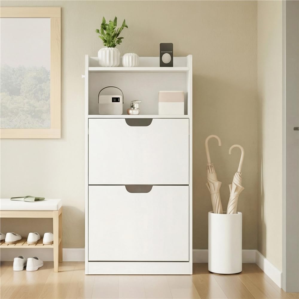 Yaheetech Zapatero Estrecho Mueble Entrada Recibidor con 4 Puertas y 2 Compartimento Abierto Zapatero Moderno Autoportante Armario de Madera Pasillo 100x17x108 cm Blanco