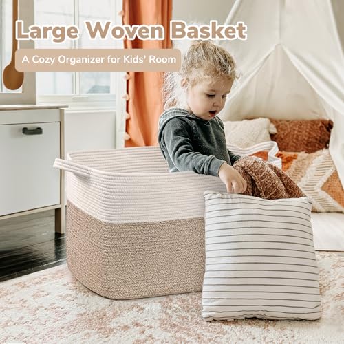 Goodpick Extra Large Woven Blanket Basket, 23.6" x 15.7" x 13.8" Storage Organizer for Blankets, Toys, Dirty Clothes, Rectangle Cotton Rope Basket for Living Room, Nursery, Bedroom - Thumbnail 3