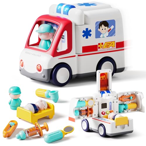 HOLA Toys for 1 2 3 Year Old Boy Birthday Gift - Toy Ambulance Car Pretend Play, Baby Toys 12-18-24 Months, Musical Toddler Toy 1-2 Early Educational, Baby Christmas Basket Stuffers