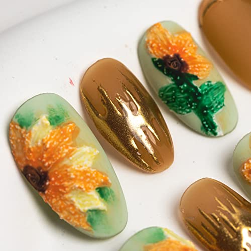 Sun&Beam Nails Handmade Press On Nails Medium Oval Mint Green Caramel Brown Gold Sunflower Floral Design Glossy 10 Pieces for Everyday Wear and Going Out (#022 M) - Image 3