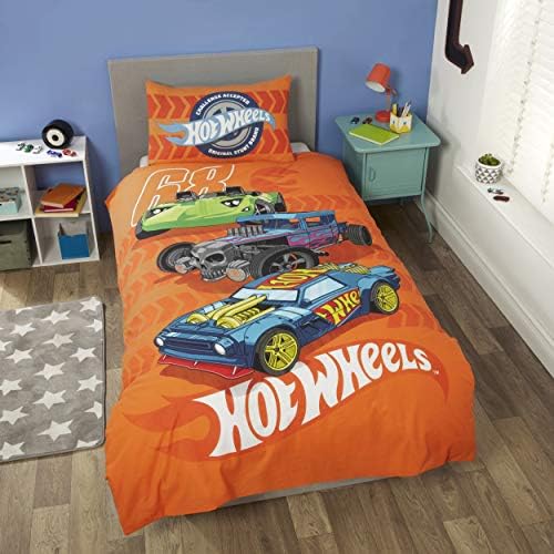 Coco Moon Hot Wheels Reversible Single Bed Duvet Cover and Pillow Set for Kids Ideal For Car Mad Kids