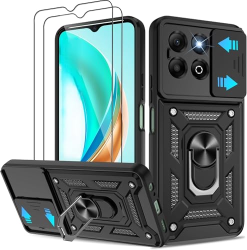 PIXFAB for Honor X6C Case with 2 x Screen Protector Tempered Glass Shockproof Case with Camera Lens Protection Protective Ring Armour Phone Case Cover with [Kickstand] - Black