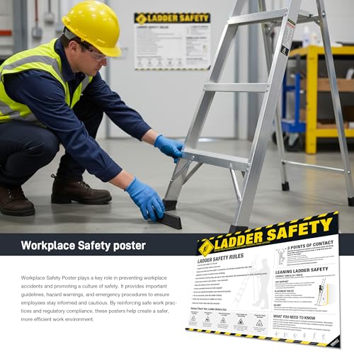 Image of Ladder Safety Poster - OSHA Ladder Safe Rules & 3 Points of Contact Chart Guide, Workplace Inspection & Safety Training Sign Poster