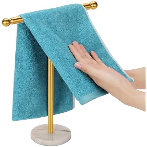 Kalitro Gold Towel Rack with Heavy Marble Base, Free Standing Hand Towel Holder Stand for Bathroom Stainless Steel T-Shape Brushed Gold Cover