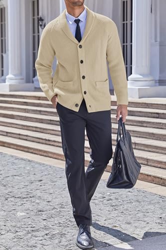 Karlywindow Mens Shawl Collar Cardigan Sweater Cable Knit Button Down Winter Chunky Sweater with Pockets4