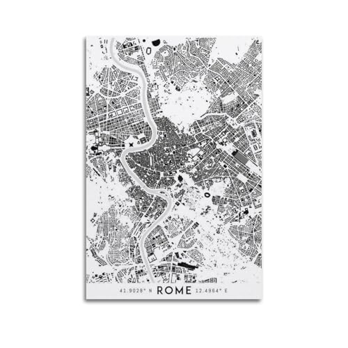 Poster con mappa artistica della città di Roma in bianco e nero, moderno, su tela, decorazione artistica da parete, 20 x 30 cm, senza cornice