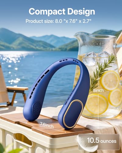 SHEWIND Portable Neck Fan - Hands Free Personal Fan, Rechargeable Bladeless Fan with 5000mAh-Battery, Digital Display, 4 Speeds, Birthday Gifts for Men, Women, Mom, and Dad - Blue