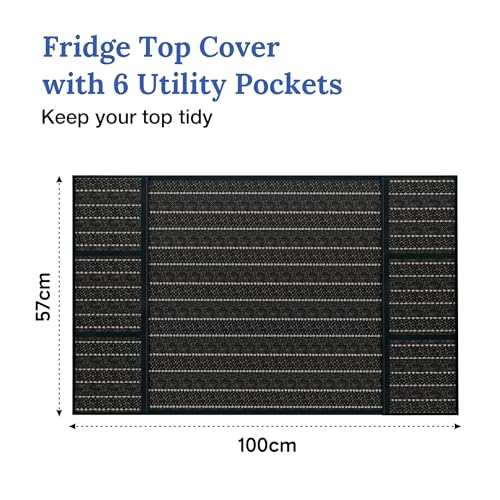 Image of Kuber Industries Jute Fridge Top Cover | Washable & Anti-Dust Refrigerator Top Cover with 6 Utility Pockets for Kitchen | Lining Design - Brown