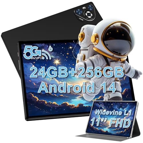 JUEDUR Tablet Android 14 Tablet 11 Pulgadas Tablets 256GB RAM+24 GB RAM (1TB TF), 8000 mAh / 13MP + 5MP / Widevine L1 / 5G Wi-Fi6 / Octa Core 2.0 GHz, Face ID,1280 x 800 HD/Funda - Negro