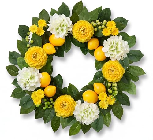 Summer Lemon Wreaths for Front Door 22 Inch Yellow Summer Wreath Decorations with Peony Hydrangea Berries for Farmhouse Porch Wall Window Home Kitchen Decor