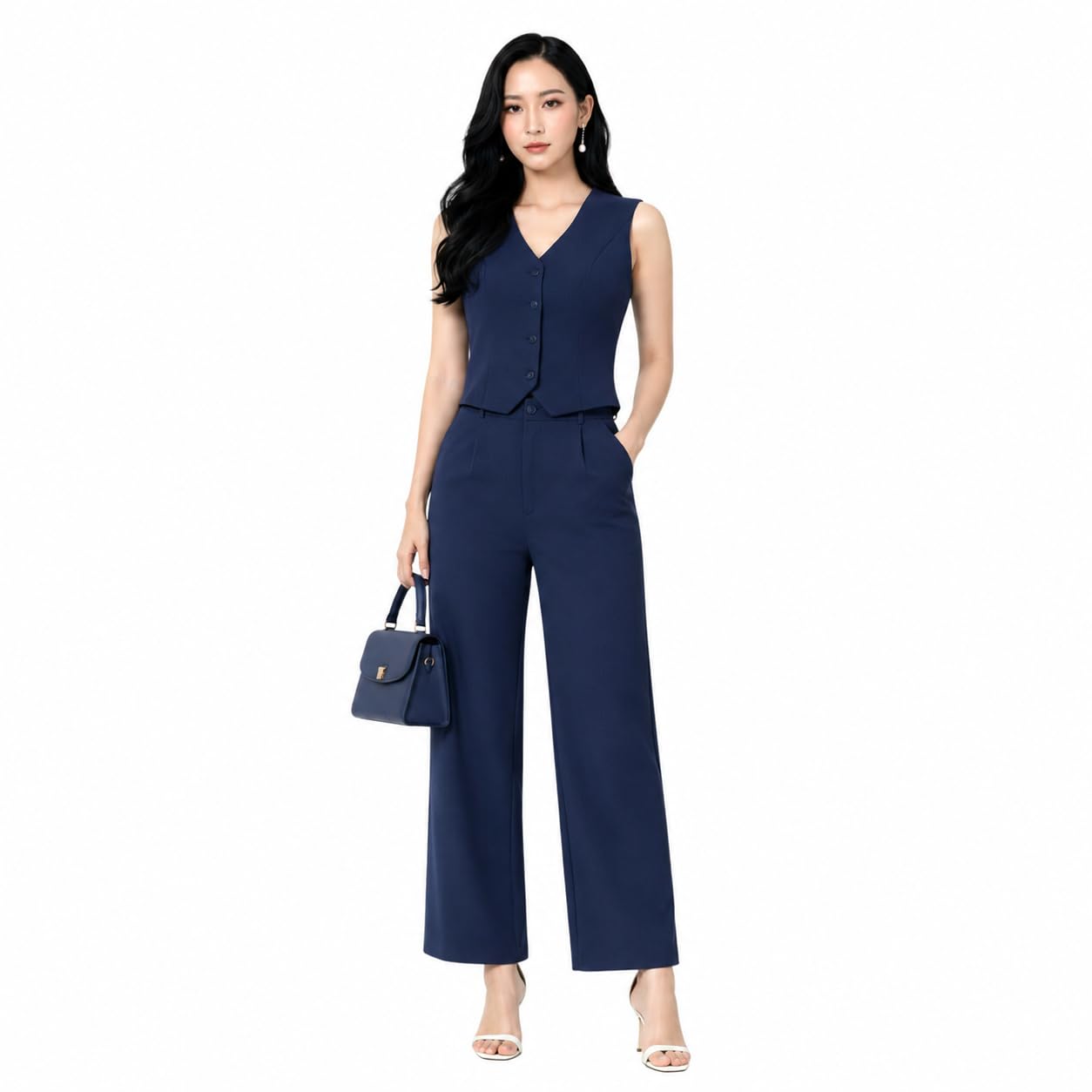 Women's Sleeveless Waistcoat & Wide Leg Trouser Co-Ord Set | Formal Office Wear Two Piece Outfit | Elegant Business Casual Pant Suit for Women-image-19