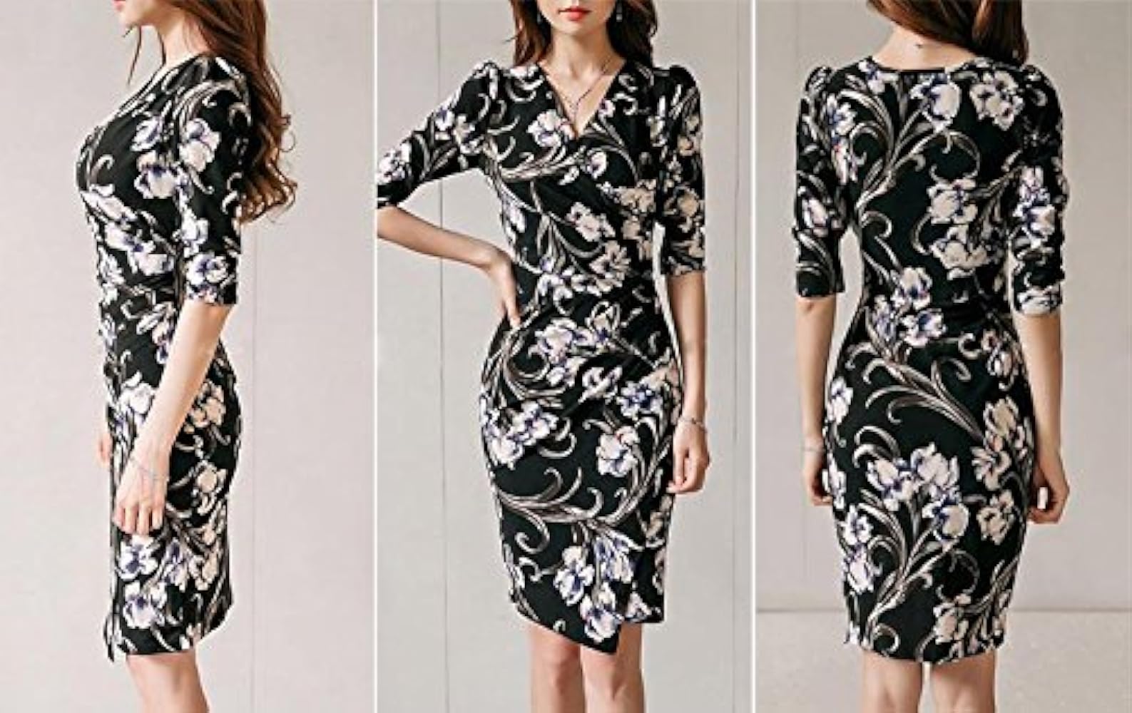 Amazon.co.jp: ワンピース 長袖 膝丈 M 花柄 Vネック タイト ドレス