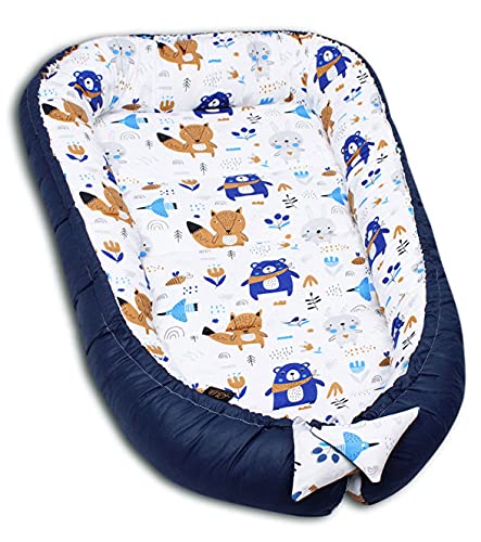 PaLulli 120x60 cm nid bébé nid bébé Cocon bébé XXL, 2 Faces, 100% Coton, Oreiller, nid pour lit bébé, nid Douillet, lit de Voyage pour bébés et Nourrissons (Ours) Cover