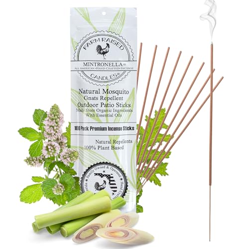 Farm Raised Candles USA - Mintronella Outdoor Patio Incense Sticks – 100 Pack - Essential Oil Formula - American Made Mosquito Repellent, Gnat & Fly for Yard & Camping - Includes Scent-Lock Bag