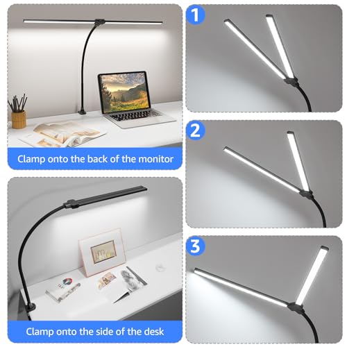 Image of ShineTech LED Desk Lamp for Home Office, 5000K Bright Double Head Architect Task Lamps with Clamp, Dimmable Adjustable Flexible, Black