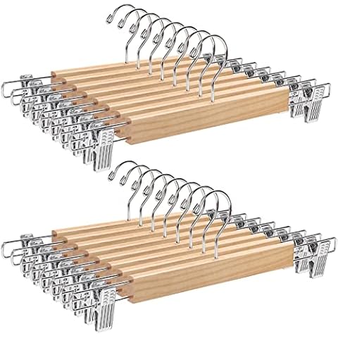 Amber Home 24 Pack 14.17" Solid Natural Wooden Pant Skirt Hangers, Bottom Hangers for Slacks Trousers Jeans with 2-Adjustable Anti-Rust Clips (Natural, 24 Pack) Cover