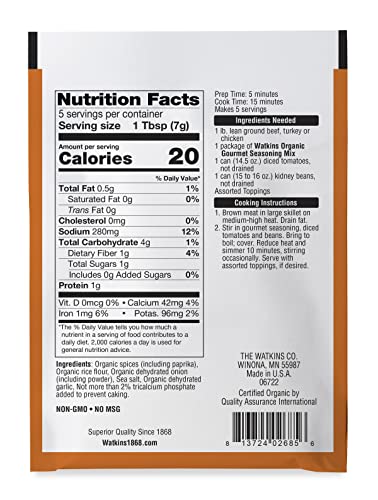 Image of Watkins Organic Gourmet Seasoning Mix, Mild Chili, 1.25 Oz. Pouch, 1 Count
