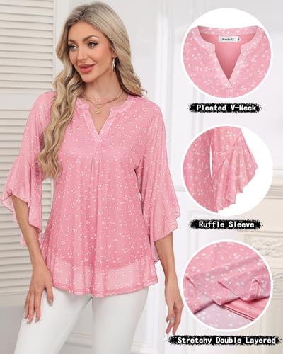 Ninedaily Womens Tops 3/4 Sleeve Dressy Casual Blouses Double Layers V Neck Shirt