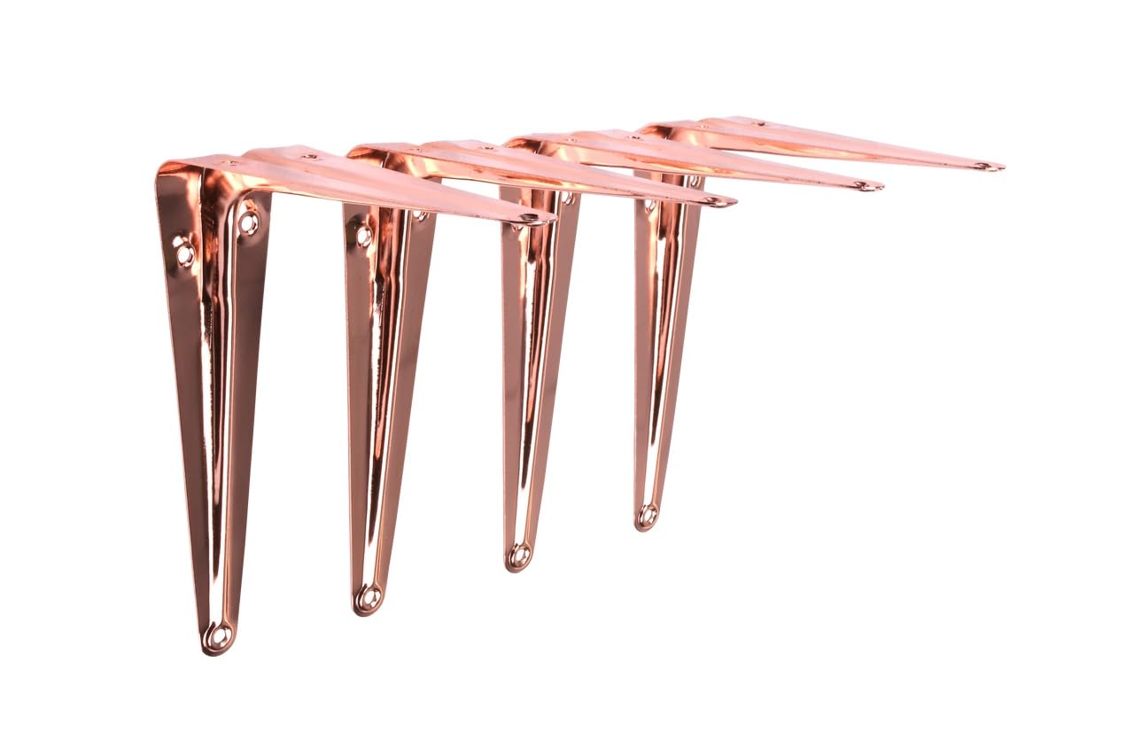 Stiley Living London Shelf Brackets - Heavy Duty Slim Metal Wall Shelf Supports, Tapered Decorative Brackets for Shelving, Industrial Style - 4 Pack (Polished Copper, 125mm x 150mm)