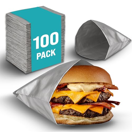 100 Pack Aluminum Foil Hamburger Bags – Grease-Resistant Burger Wrappers for Hot Sandwiches, Paninis, BBQ, Pretzels & More – BPA-Free, Disposable Takeout Food Sleeves by C&S Event Supply Co.