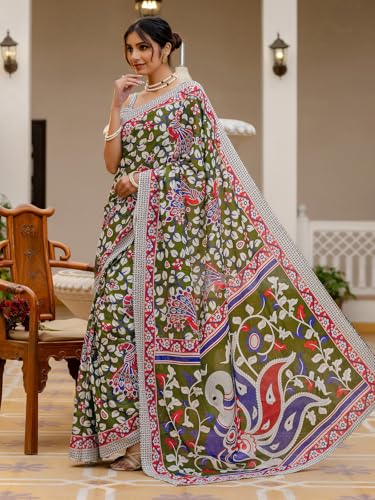 Image of SIRIL Women's Printed Ready to Wear Mul Cotton Saree With Unstitched Blouse Piece