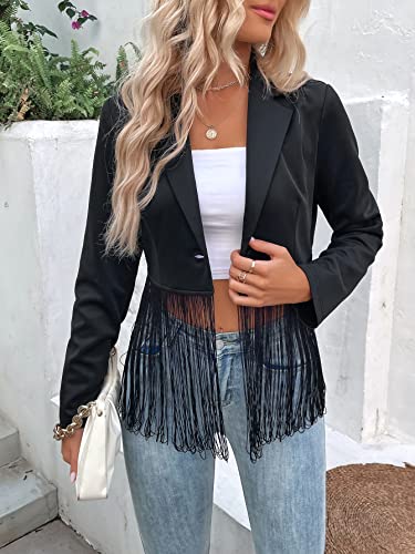 Floerns Women's Lapel Neck Long Sleeve Fringe Trim Party Blazer Jacket Crop Top Black L #TOP5