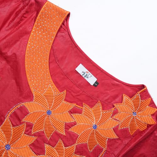Image of HD African Bazin Riche Maxi Dress for Woman Traditional Embroidery Dashiki Dresses with Head Wraps