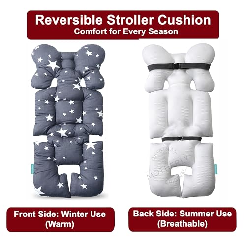 Image of Motherly Baby Stroller Seat Cushion | Reversible and Universal Fit Pad for Strollers, High Chairs, Car Seats & Rockers | Soft, Breathable Pram Liner with Secure Straps & Safety Belt Slot