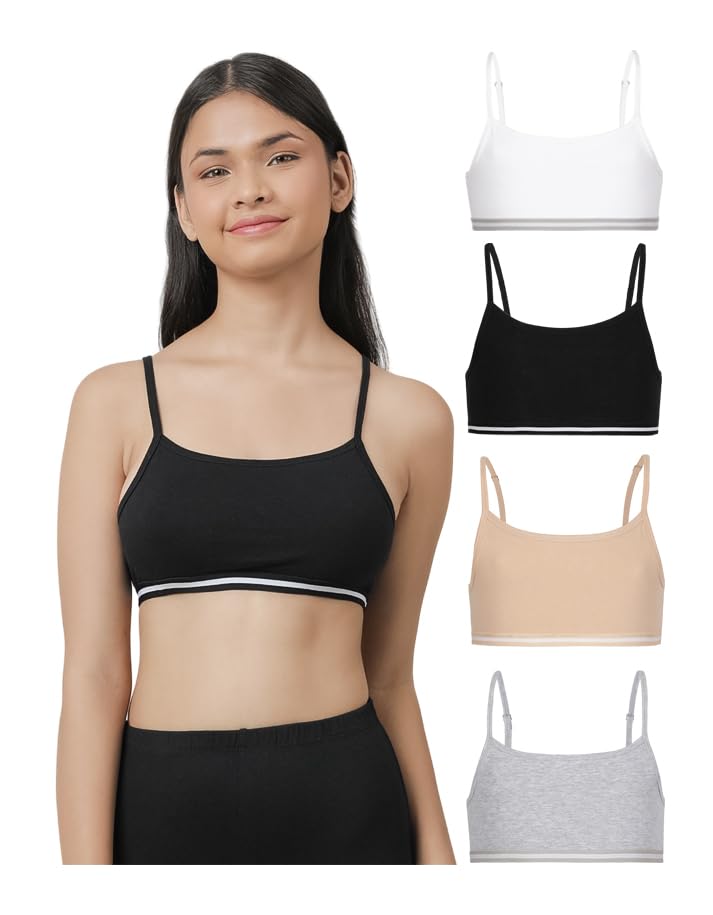 CHARM N CHERISH 4 Pack Pure Cotton Sports Bras for Girls, Non Padded Bras-Slip On Teenage Bras-Combo Pack-Solid Printed-image-22