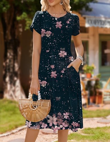Image of HOTOUCH Women's Summer A-Line Midi Dresses 2026 Casual Floral Short Sleeve T-Shirt Dress Flowy Beach Sundress with Pockets