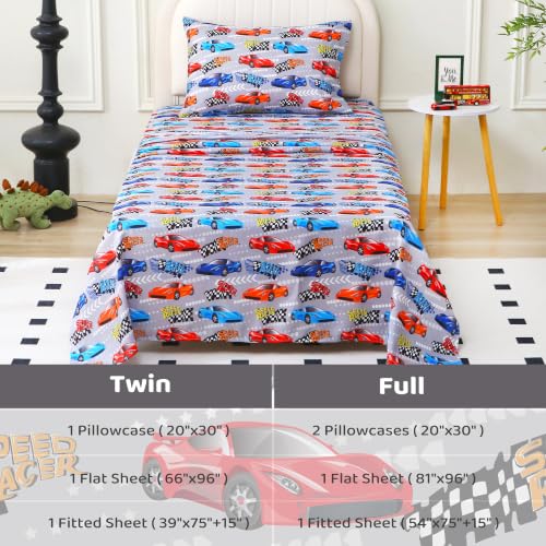 Image of Viviland 3 Pieces Boys Race Twin Sheet Set - Soft Microfiber Fitted Flat Sheets & Pillowcase Bed Sheet Set - Grey Race Print Bedding Sets for Kids