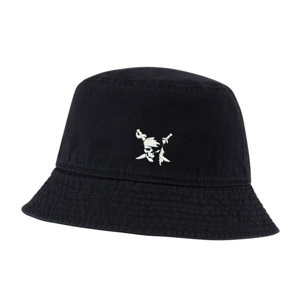 Mens Bucket Hat for Fishing Pirate Skull with Swords Embroidered Washed Cotton Hat Outdoor Outdoor Sun Hat (Black)