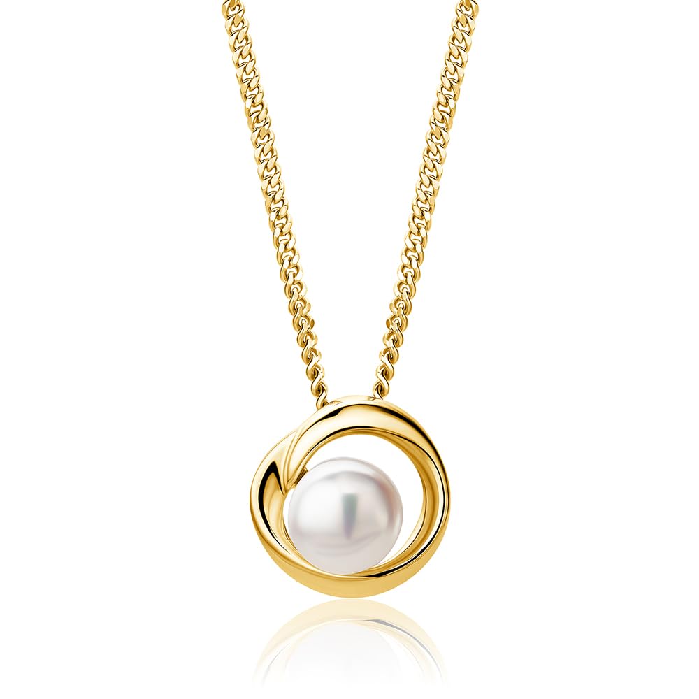Miore Collares Mujer de Plata con Colgante de Perla Blanca 8 mm Chapado oro de 18ct o Plata Sterling 925, Cadena Barbada a 45 cm, Collar hipoalergénico, Joyería Mujer, Se entrega en Estuche para Joyas