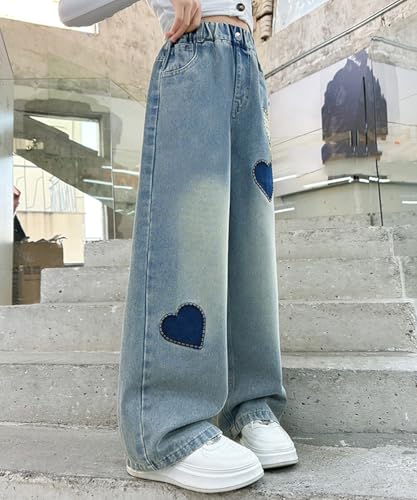 Y2K Cute Baggy Heart Print Jeans for Girls Kids High Waisted Straight Wide Leg Elastic Waist Pull On Jean Pants 8-14 Years4