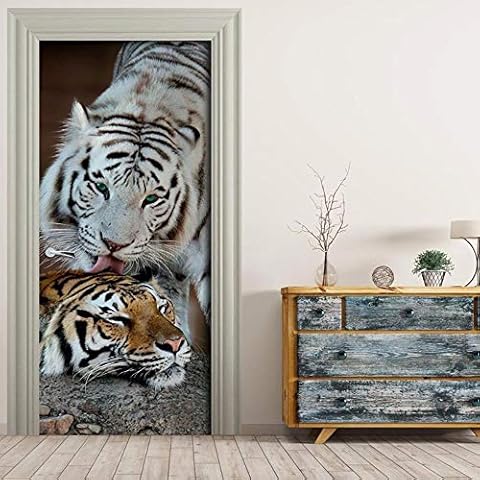 DNFurniture 3D Door Sticker Two Tigers 77X200CM Vision Art PVC Decal European self-Adhesive Three-Dimensional Illustration DIY Wall Sticker Holiday Home Cover