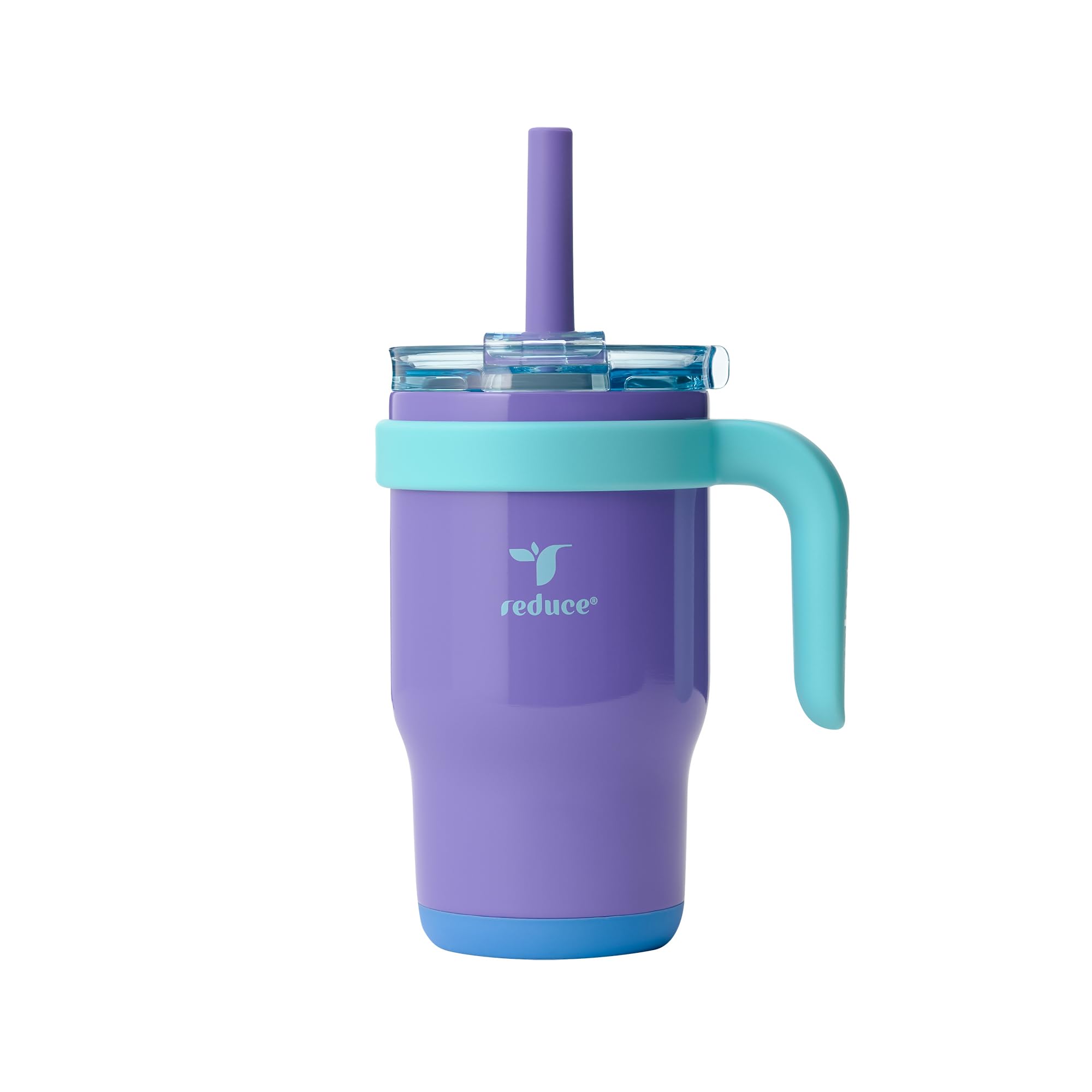 REDUCE14 Oz Coldee Kids Tumbler with Lid and Straw - Coldee Insulated Travel Mug - Spill-Proof, Sweatproof Stainless Steel, BPA-Free - Includes Handle, Reusable Silicone Straw - Magnetic Purple