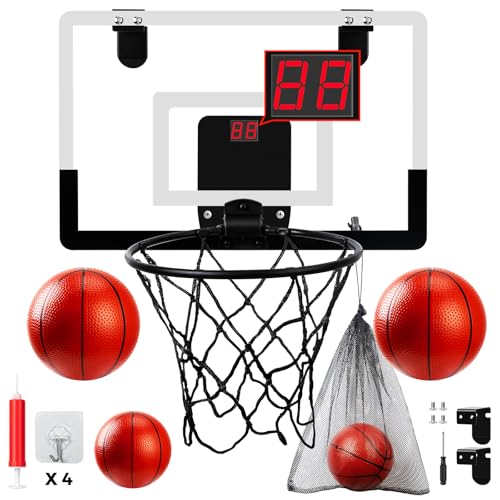 Mini Canasta Baloncesto Niños Infantil – Canasta Baloncesto Interior Puerta de Pared con 4 Pelotas, Marcador Electrónico y Sonidos, Juego Deportivo para Interior, Regalo para Niños a Partir de 3 Años