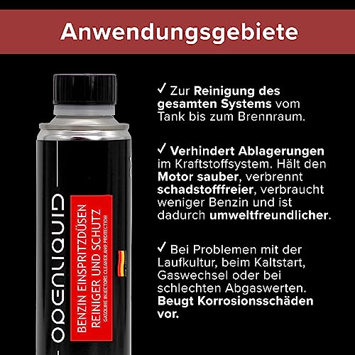 OPENLIQUID Benzin Einspritzdüsen Reiniger und Schutz - Addiv für Auto & Mottorad - Injektor Reiniger - Beugt Motorschäden vor - Opmiert die Motorleistung - Löst Ablagerungen (1x 300 ml)