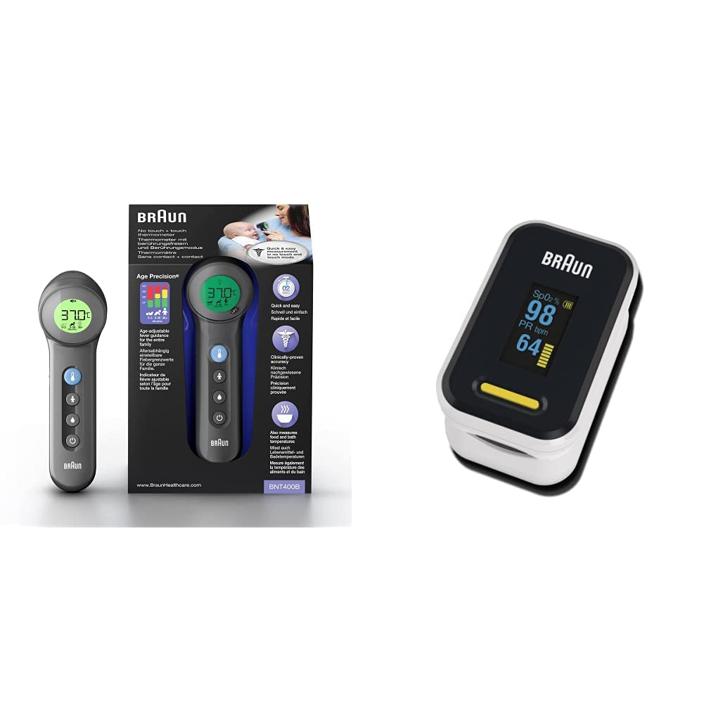 Braun Thermomètre Braun BNT400B sans Contact avec Technologie Age Precision & Oxymètre de pouls 1 de (saturation en oxygène, taux d’oxygène sanguin, précision clinique, dispositif médical certifié)