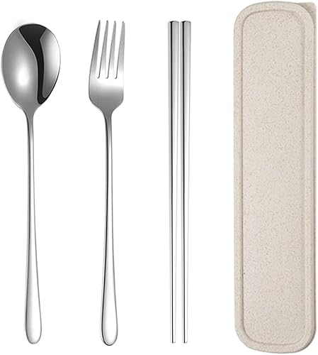 Xihuimay Juego de 3 palillos de acero inoxidable, tenedor, cuchara con estuche de viaje, juego de cubiertos portátiles de metal, utensilios chinos,