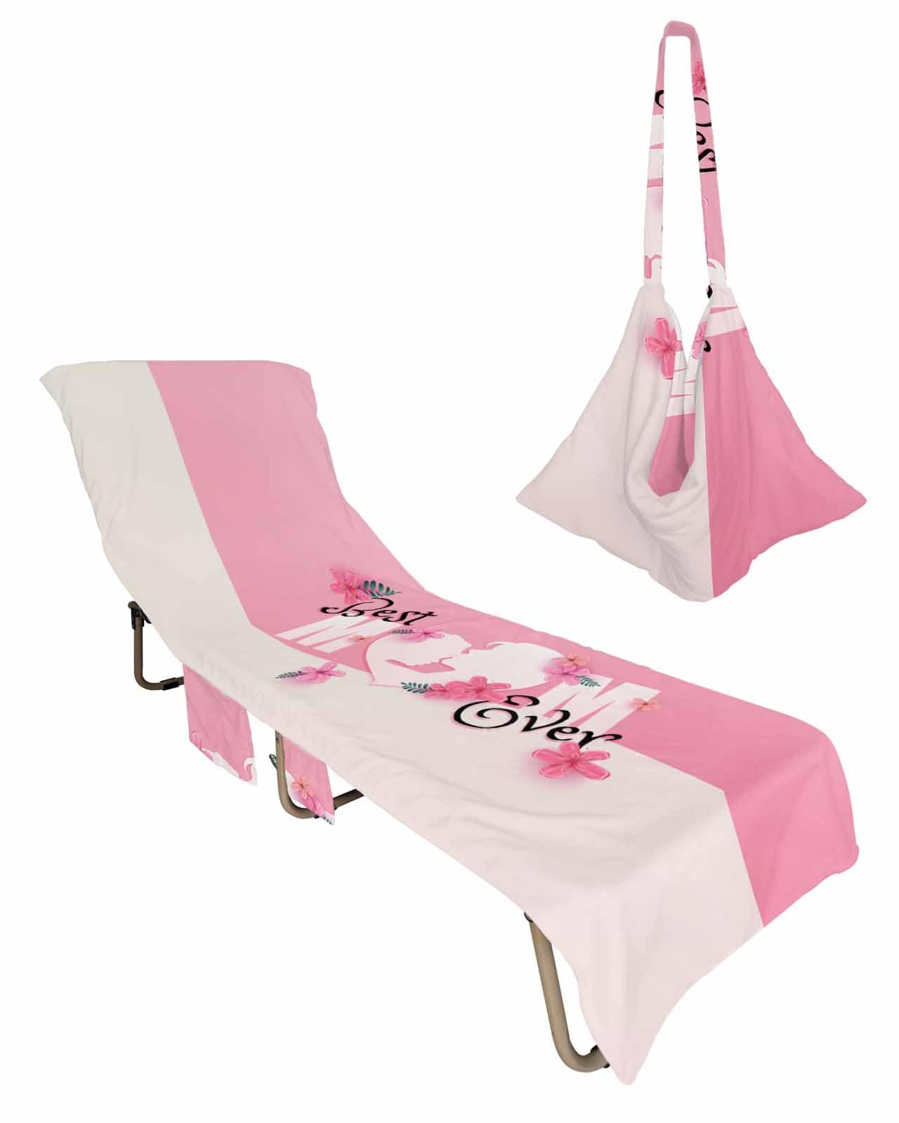 Happy Mother's Day Beach Lounge Chair Towel Cover, Soft Chaise Lounge Towel with Side Pockets Patio Pool Chairs Cover for Beach/Pool Sunbathing 29x85 Pink Spring Floral Botanical Love Heart