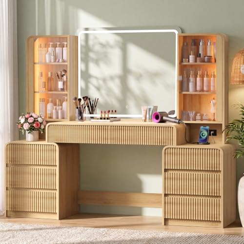 Image of Big Vanity Desk, Fluted Makeup Vanity with Mirror Lights, Dressing Table