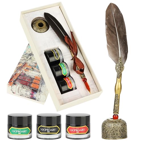 GC QUILL Feather Glass Dip Pen and Ink Set, Glass Calligraphy Pen with 3 Colors Ink and Pen Holder for Writing Drawing– MU-16