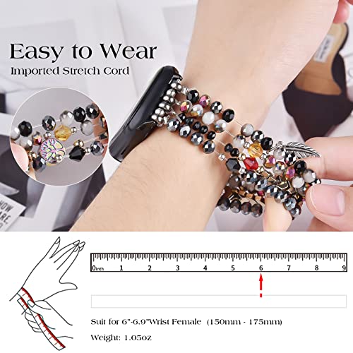 Image of MOFREE Beaded Bracelet Compatible with Apple Watch Band 38mm /40mm /41mm /42mm, Fashion Elastic Stretch Women Bands for iWatch Series 11 /10 /9 /8 /7 /SE /6 /5 /4 /3 /2 /1 iPhone Watch Strap Bands (Black /Gray)