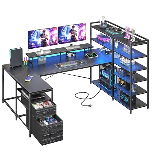 DurayLoly Gaming Desk with 6 Storage Shelves & 2 Fabric Drawers,63'' Computer Desk L Shaped Desk with Power Outlet & LED Strip,Reversible U Shaped Office Desk with Monitor Stand, Black