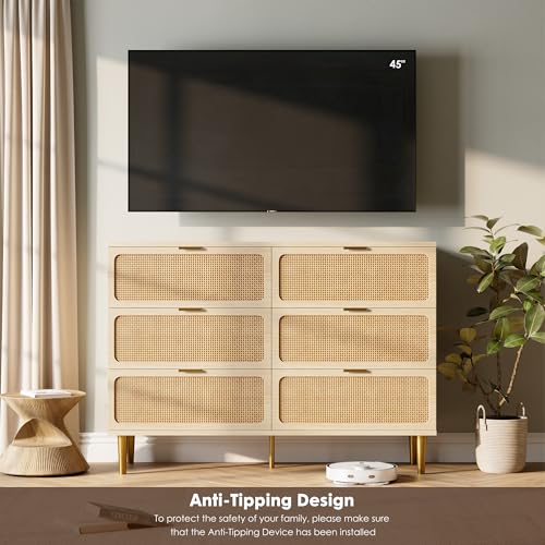 Rattan 6 Drawer Dresser for Bedroom, Large Double Dresser with Deep Drawers, Wooden Chest of Drawers for Closet with Wide Top, for Living Room, Hallway, Kids Room, Natural - Image 5