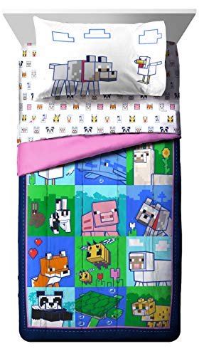 Image of Minecraft Full Size Comforter Set 7 Piece Kids Bedding for Girls, Multi | Bed in a Bag, Comforter Sheets Shams Pillowcases, Official Brand, Soft Microfiber, Machine Washable, Girls Gift